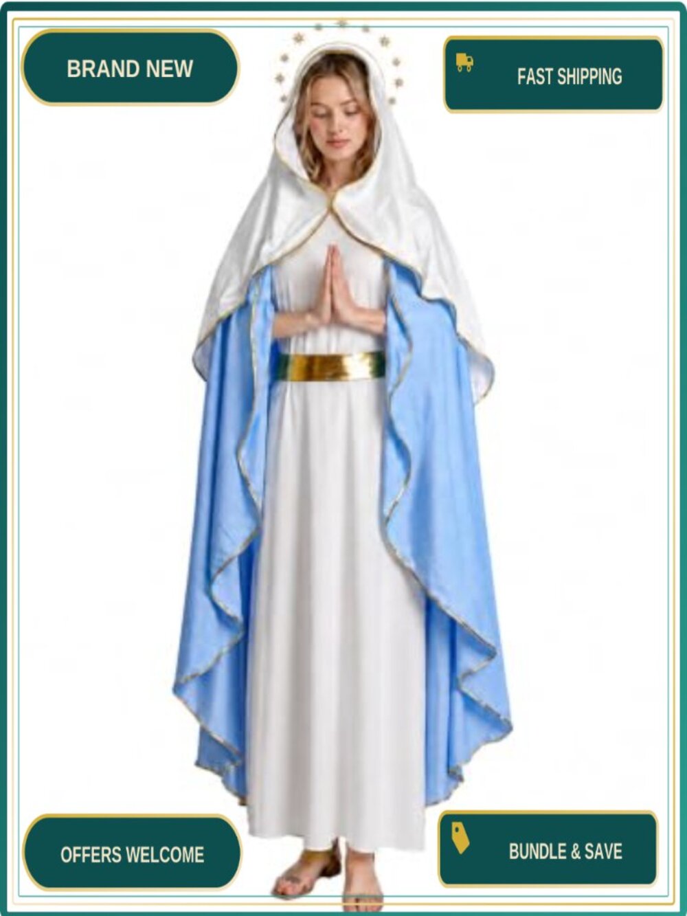 Adnee 4 Pc Virgin Mary Costume Set Women Biblical Dress Robe Veil